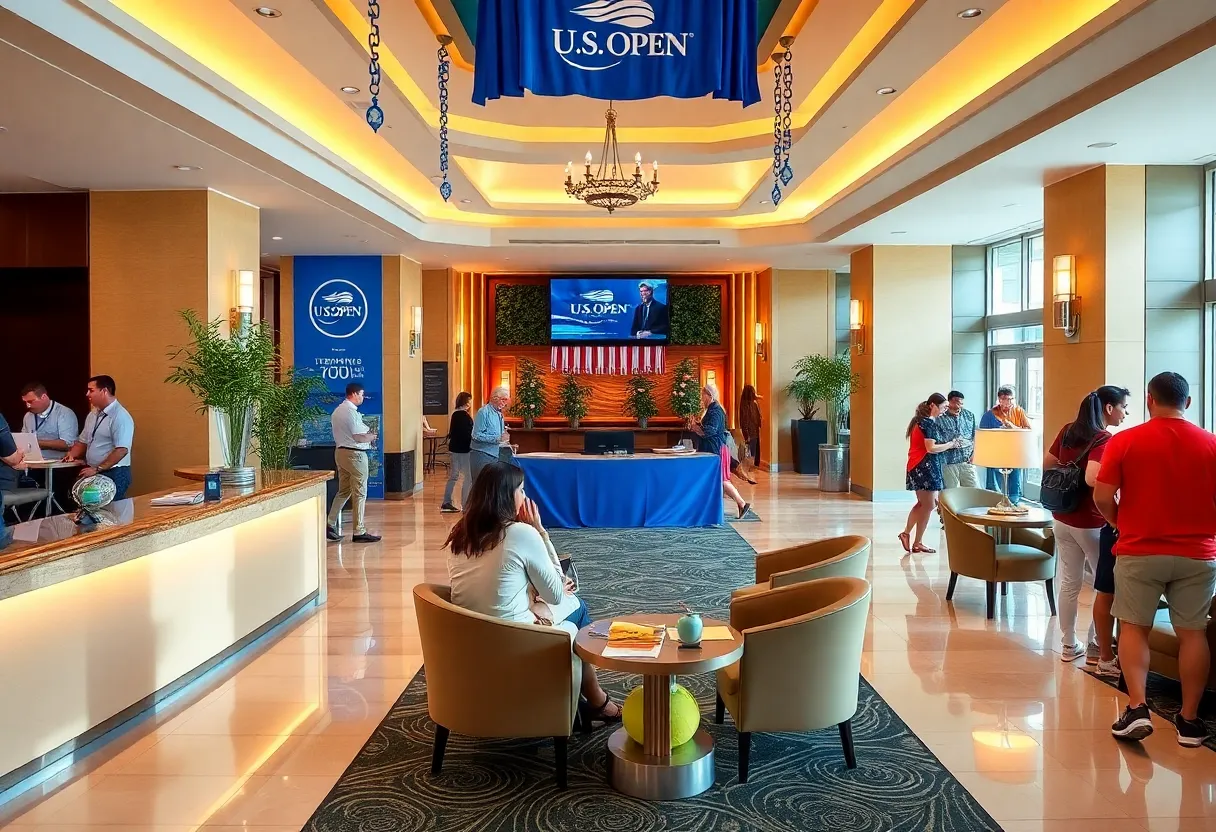 Festively decorated hotel lobby for U.S. Open Tennis Championships