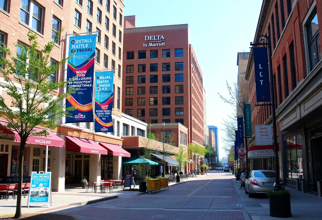 View of downtown Utica with Delta Hotels by Marriott and tourism conference banners.
