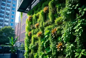 A vibrant vertical garden in New York City with various plants thriving.