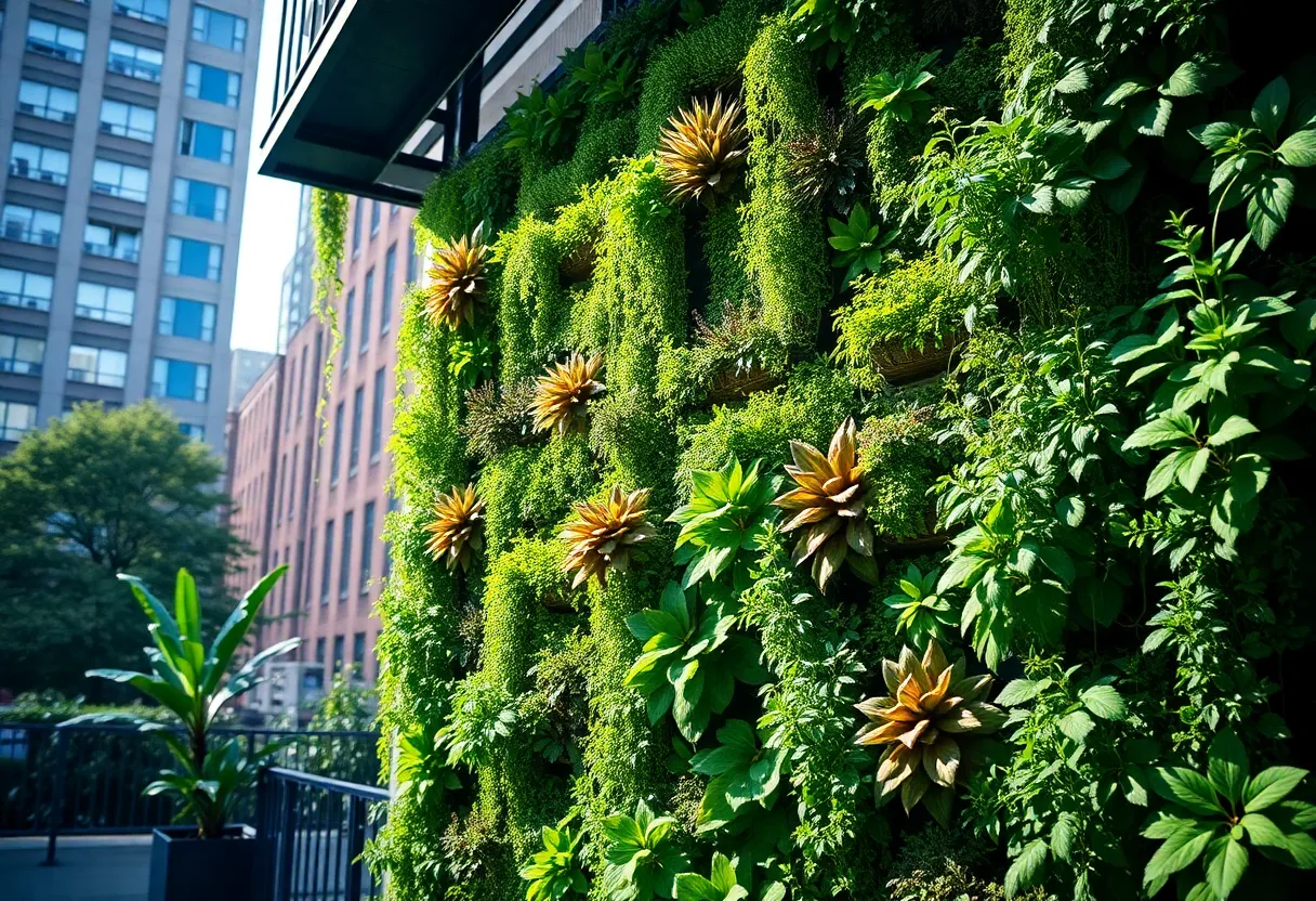 A vibrant vertical garden in New York City with various plants thriving.