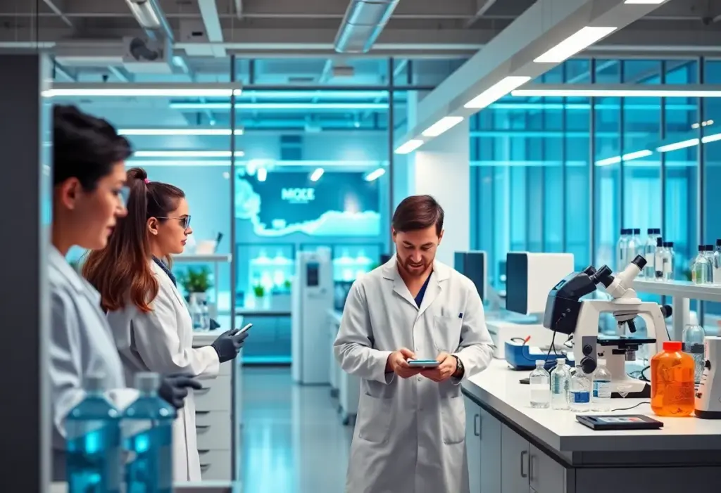 Scientists collaborating in a biotechnology lab at Volastra Therapeutics.