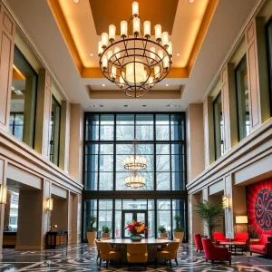 Interior view of the renovated W New York-Union Square hotel lobby.