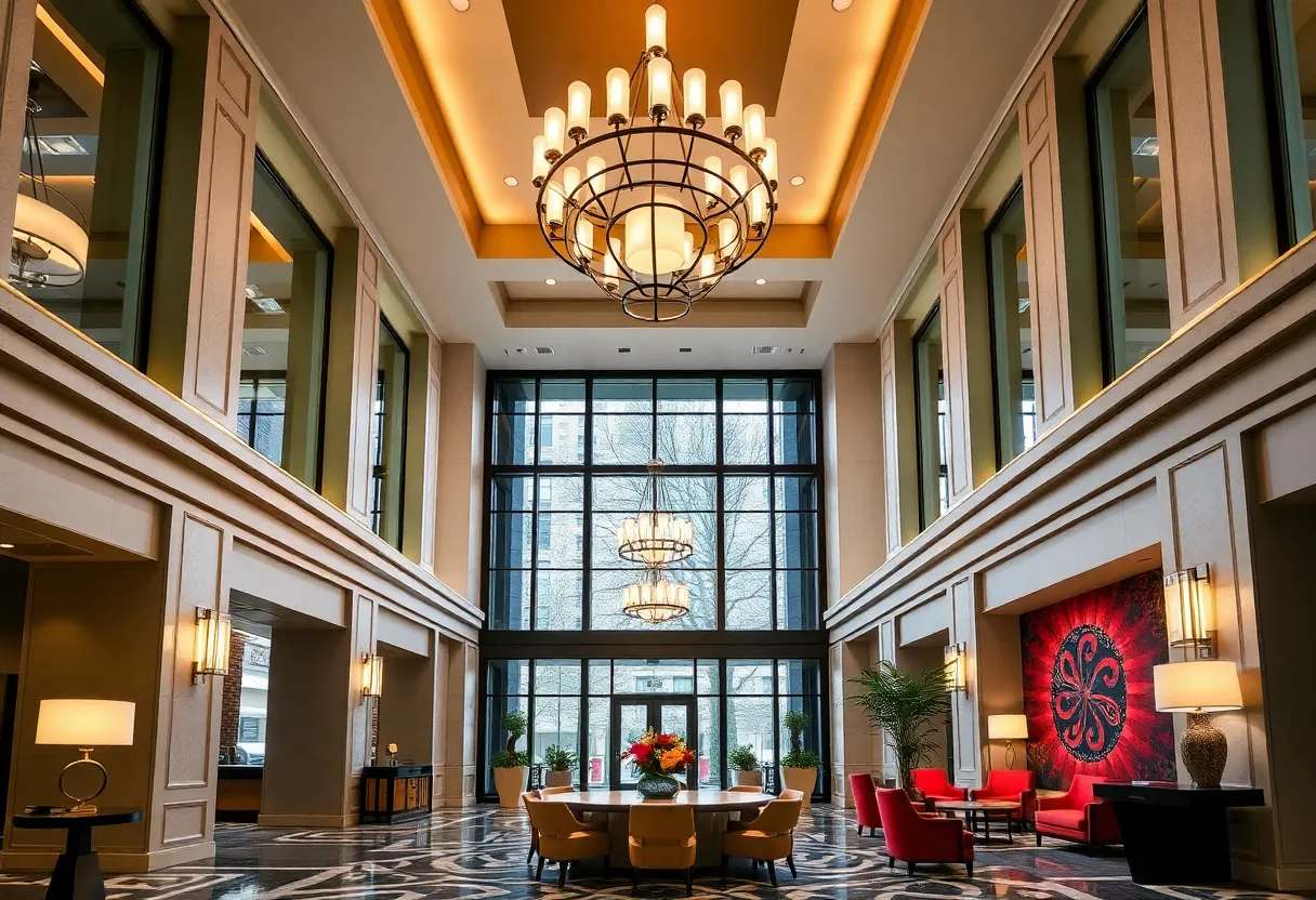 Interior view of the renovated W New York-Union Square hotel lobby.