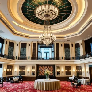 The restored Grand Ballroom at the Waldorf Astoria hotel with elegant decor and modern lighting.