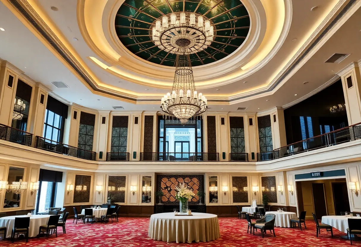 The restored Grand Ballroom at the Waldorf Astoria hotel with elegant decor and modern lighting.