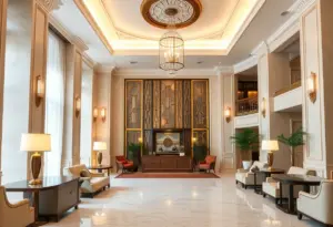 Renovated lobby of Waldorf Astoria Hotel showcasing elegant Art Deco design.