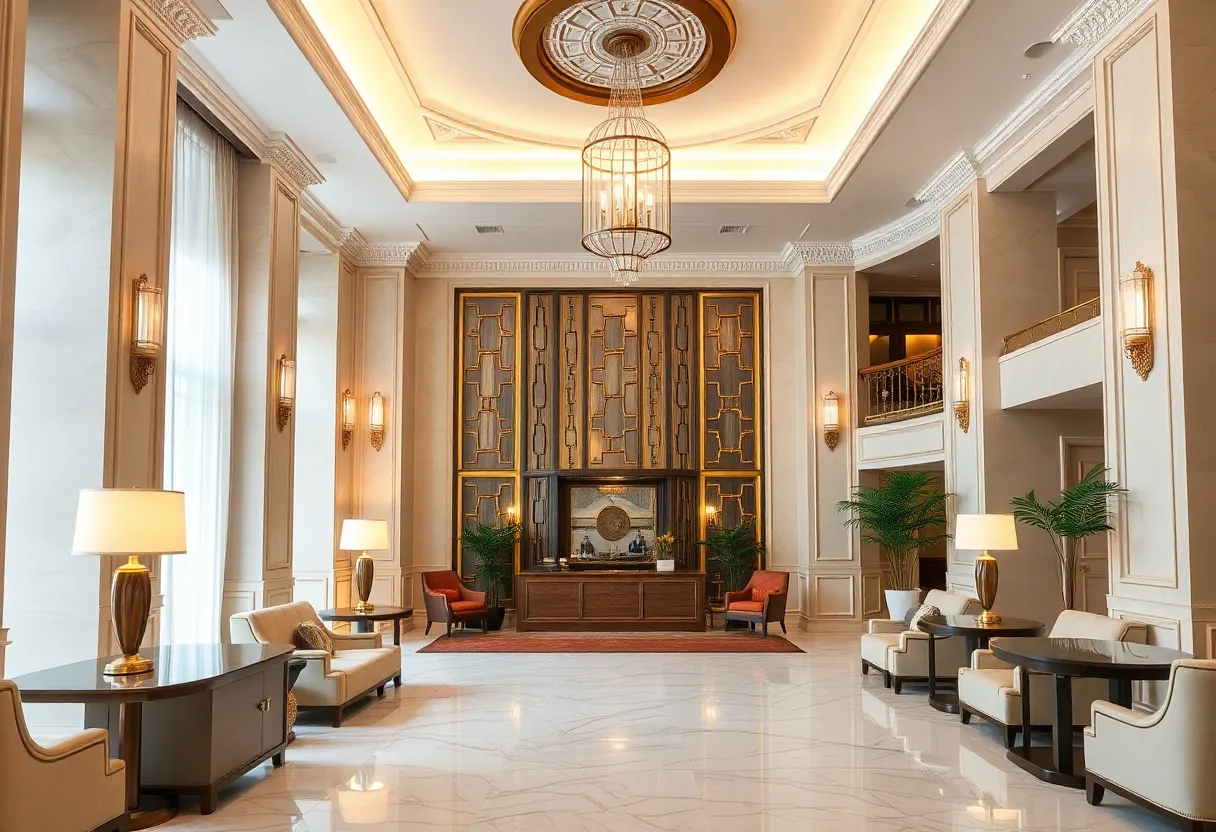 Renovated lobby of Waldorf Astoria Hotel showcasing elegant Art Deco design.