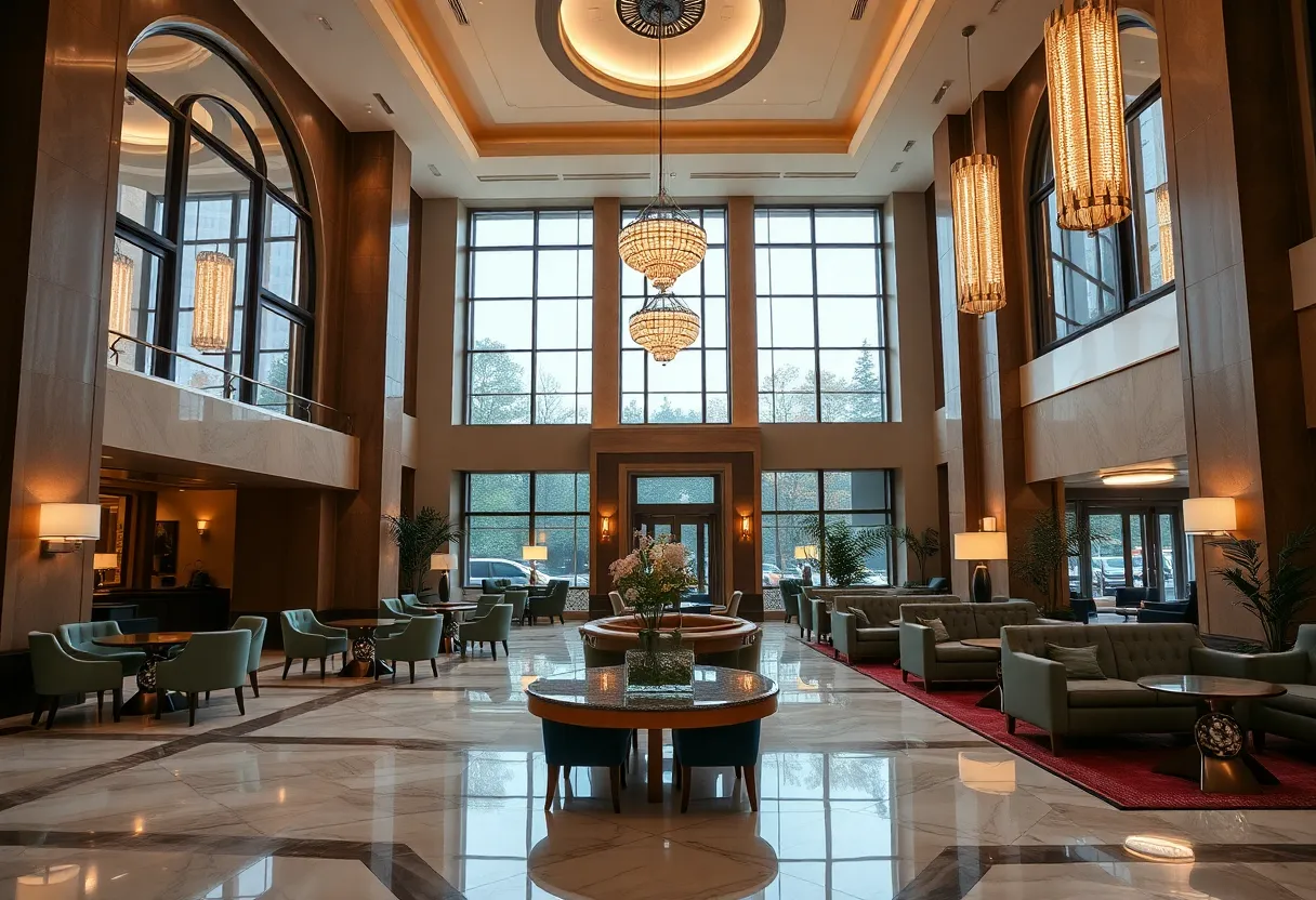 Luxurious lobby of Waldorf Astoria Hotel featuring Art Deco design