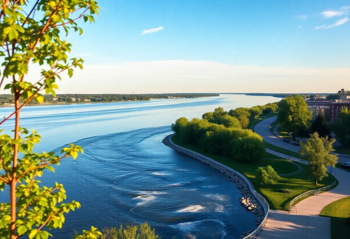 Visual representation of water quality improvement efforts in Niagara River with infrastructure and nature coexisting.