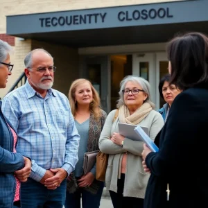 Parents discussing school closures outside an elementary school