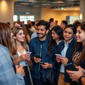 A group of attendees engaging in conversations at an offline social event hosted by Andrew Yang.