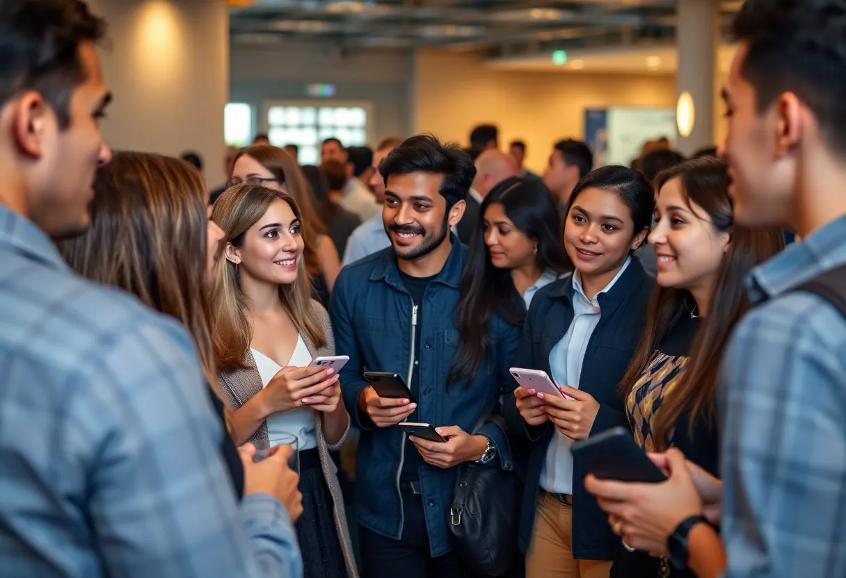 A group of attendees engaging in conversations at an offline social event hosted by Andrew Yang.