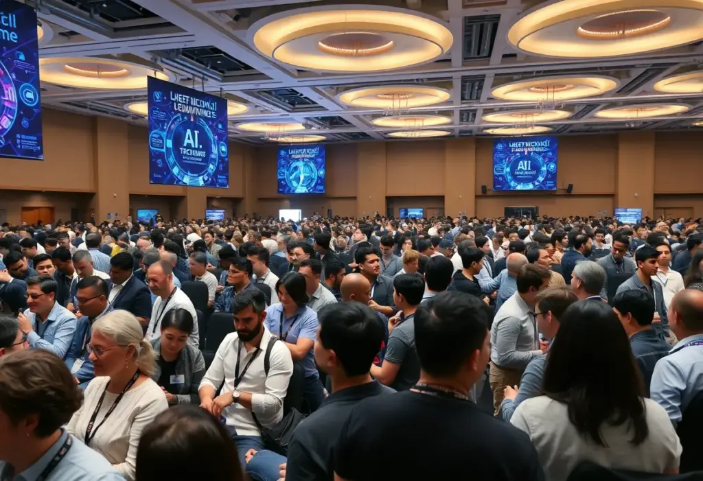 Attendees of the AI Tech Summit in New York City discussing AI technology.