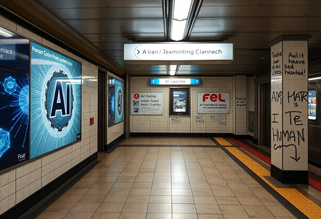 Subway station ads promoting AI technology with graffiti messages