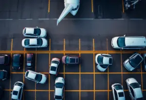 Aerial view of an airport rental car lot with security measures