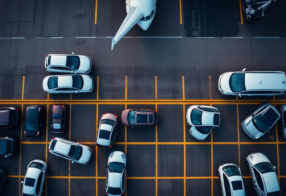 Aerial view of an airport rental car lot with security measures