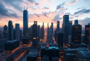 Futuristic cityscape representing Amazon's growth and AI development.