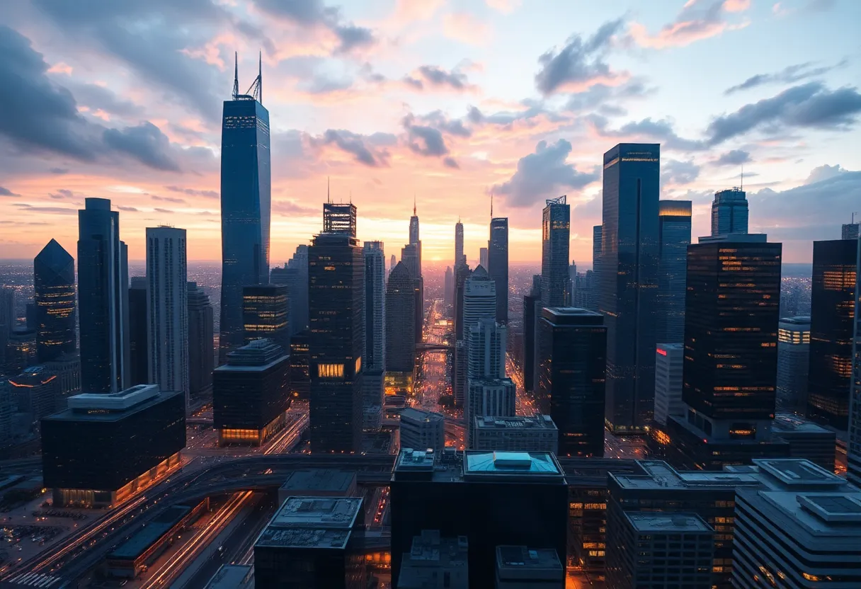 Futuristic cityscape representing Amazon's growth and AI development.