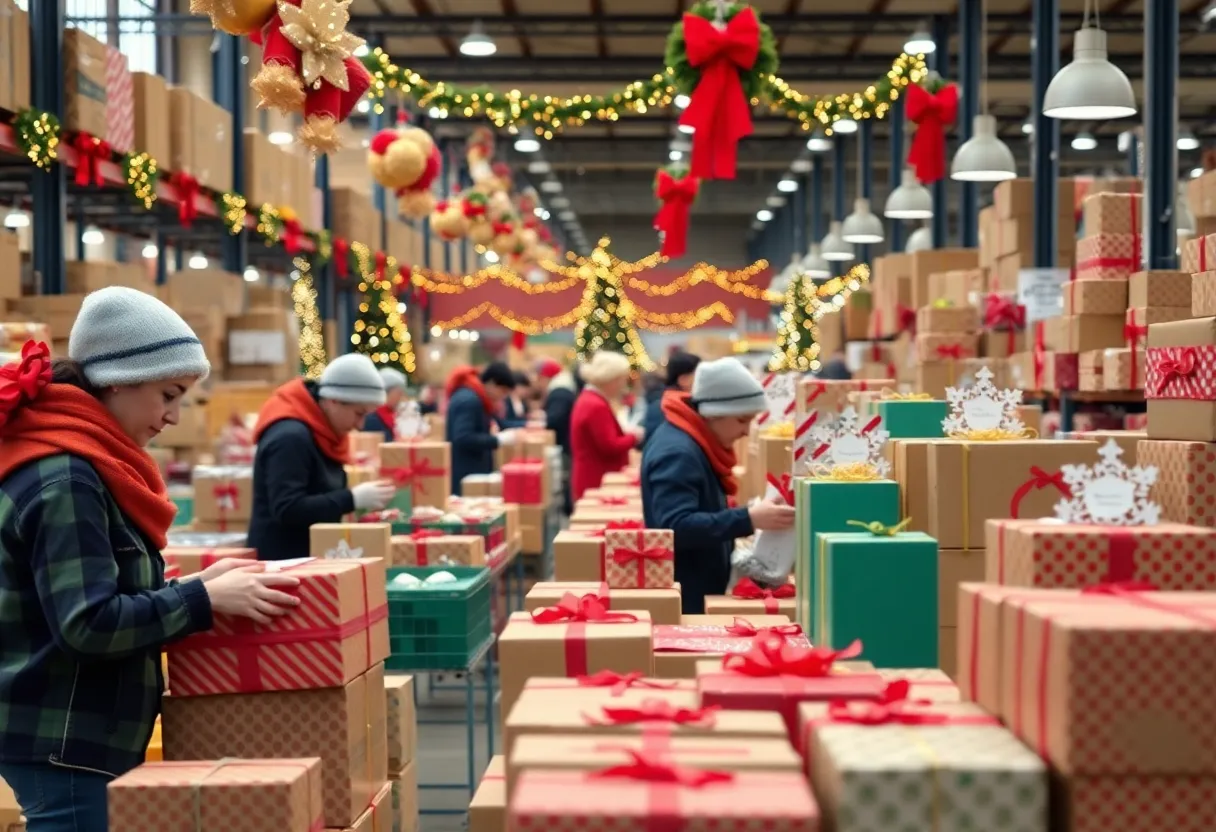 Workers at an Amazon warehouse preparing for the holiday season