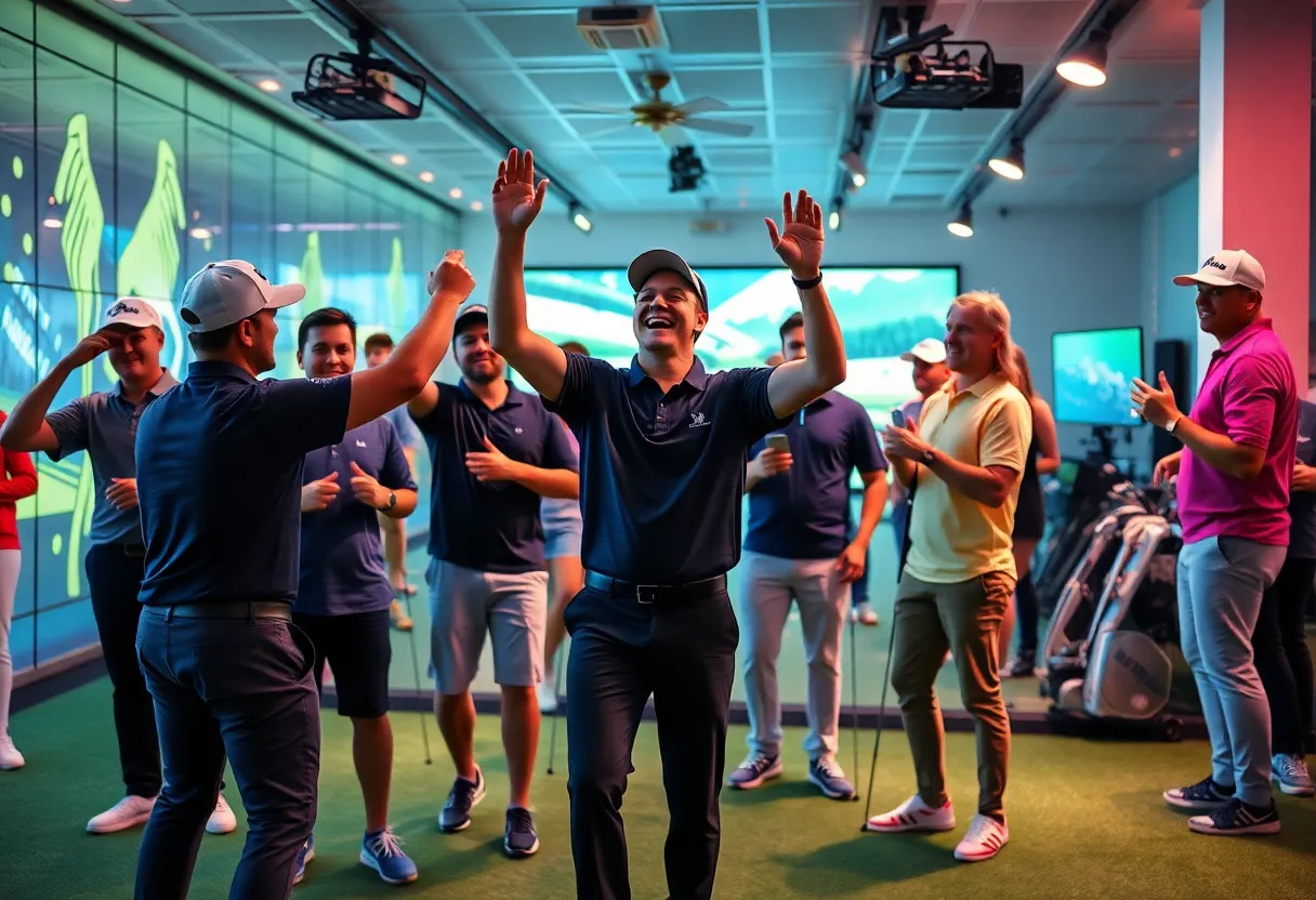 Players celebrating victory at the TGL SoFi Cup indoors