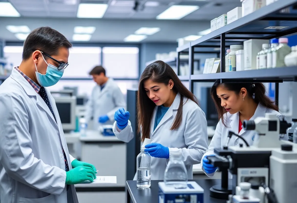 Researchers in a biotechnology lab in New York working on drug development