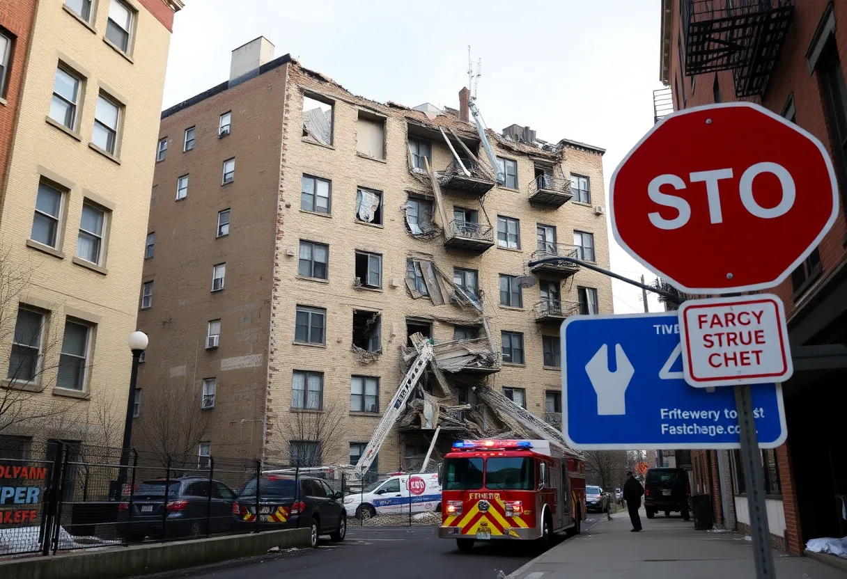 Emergency responders at the site of the collapsed Bronx public housing building