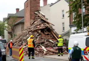 Debris from a collapsed chimney with emergency response teams at the site.