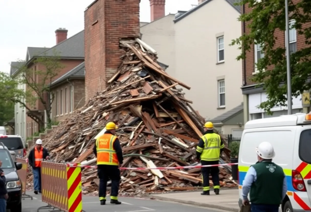Debris from a collapsed chimney with emergency response teams at the site.
