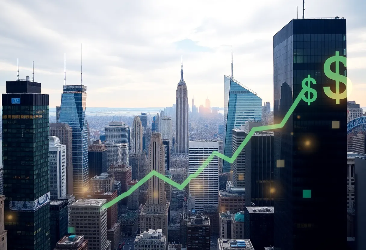 New York City skyline with financial symbols