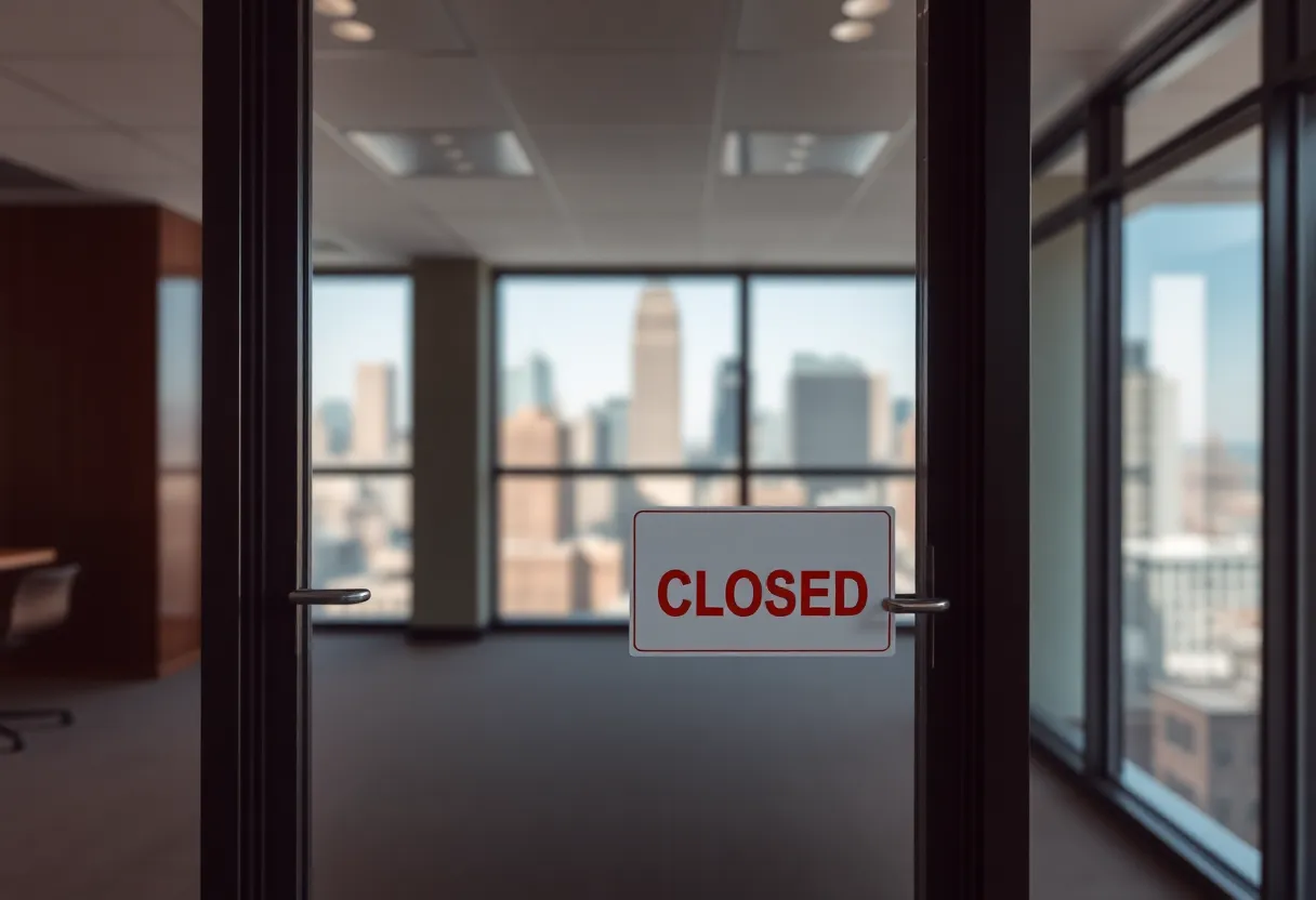 Closed office door with a sign, New York City skyline in the background