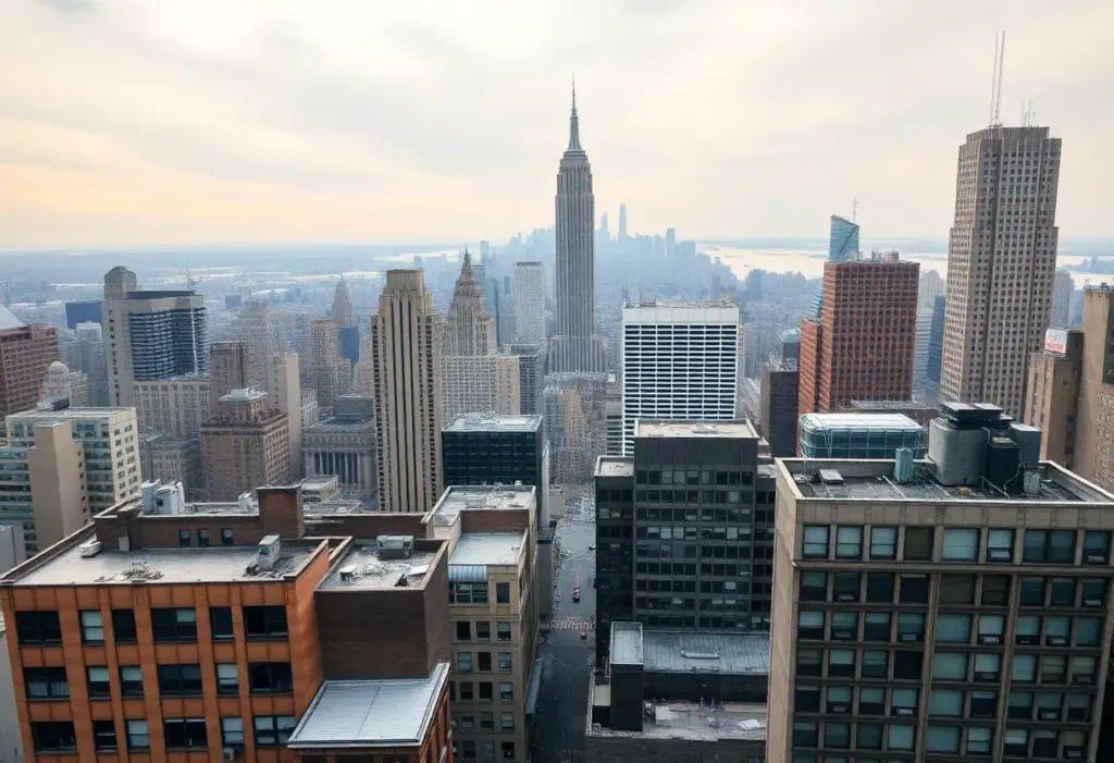 Aerial view of New York City showcasing commercial buildings impacted by foreclosure signs.