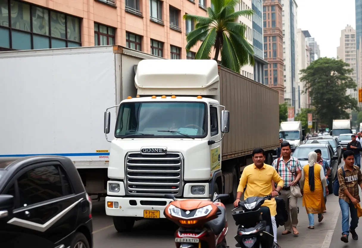 A large commercial truck parked on a busy city street with passersby.