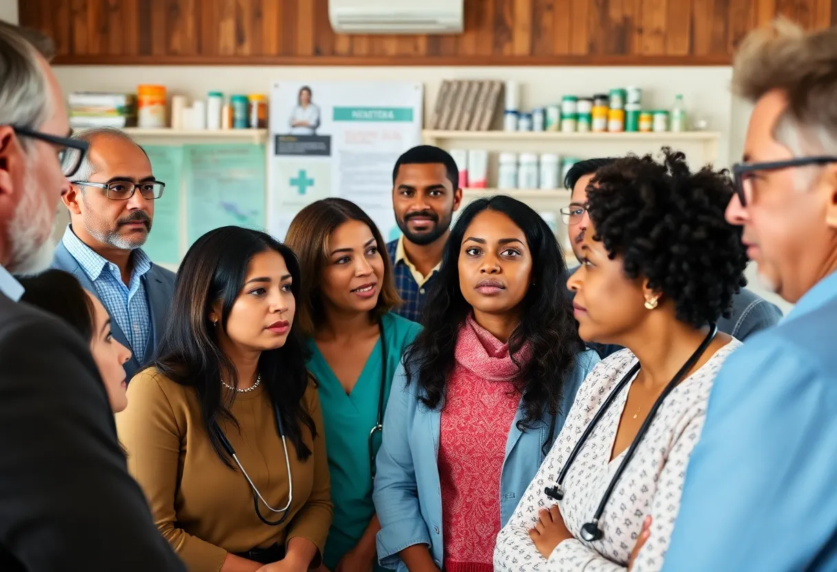 Diverse individuals discussing health care in a community gathering