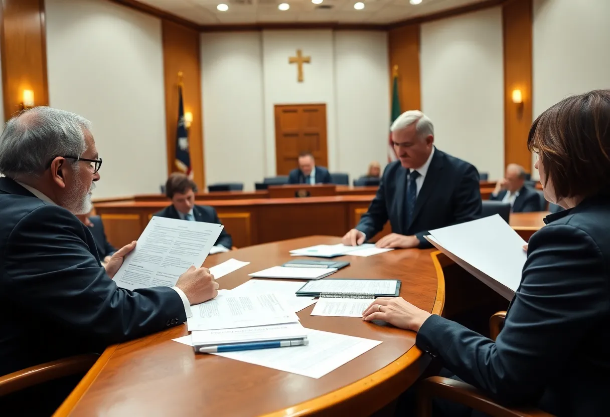 A courtroom scene depicting a legal discussion regarding home care allegations