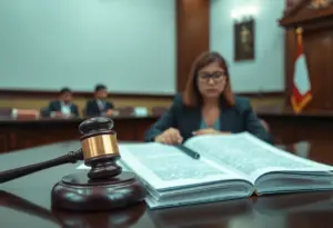 A courtroom scene depicting a legal dispute.