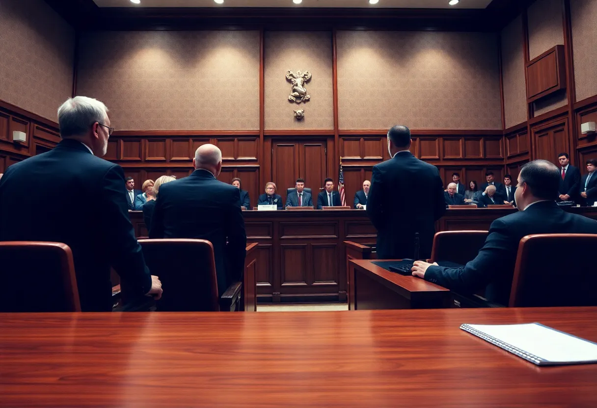 Courtroom during a serious legal proceeding