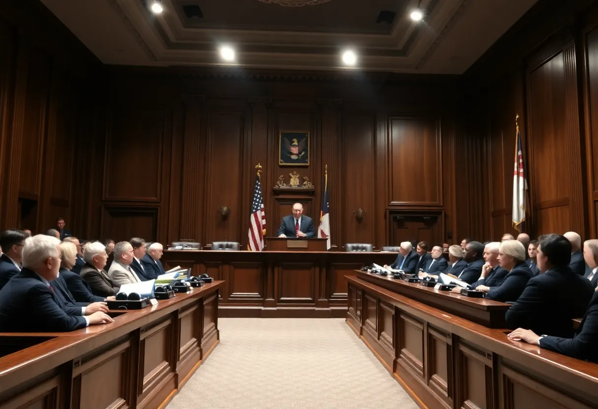 Illustration of a courtroom representing legal confrontation and political tension.