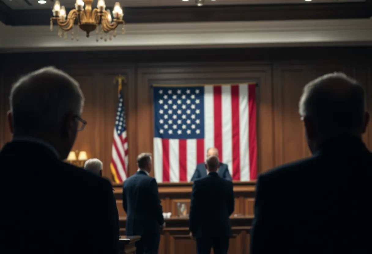 Courtroom scene with American flag representing political tension