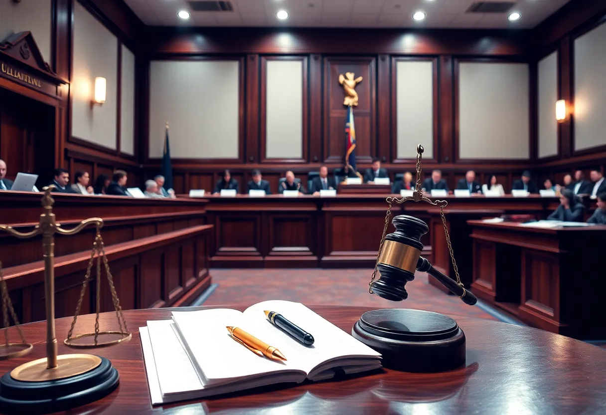 Image of a courtroom during a trial related to human rights violations