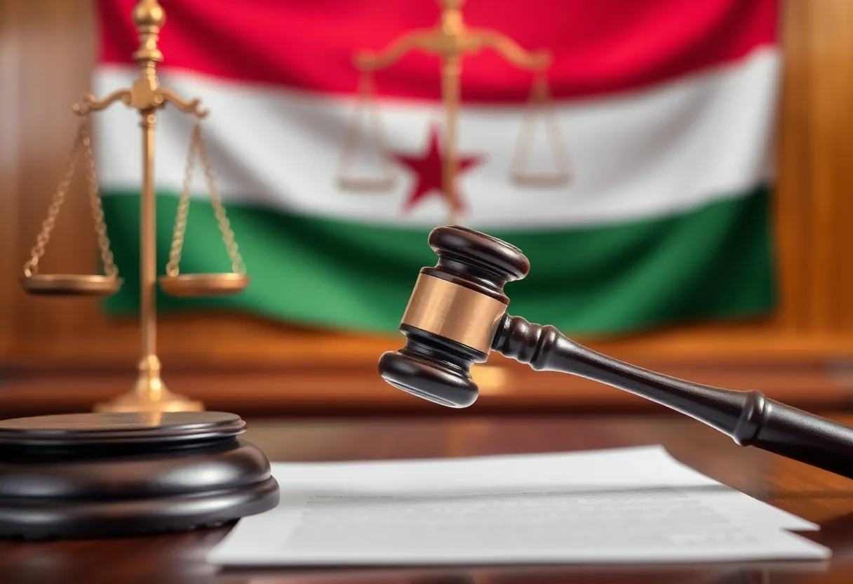 Image depicting a gavel and balance scale symbolizing justice in a courtroom.