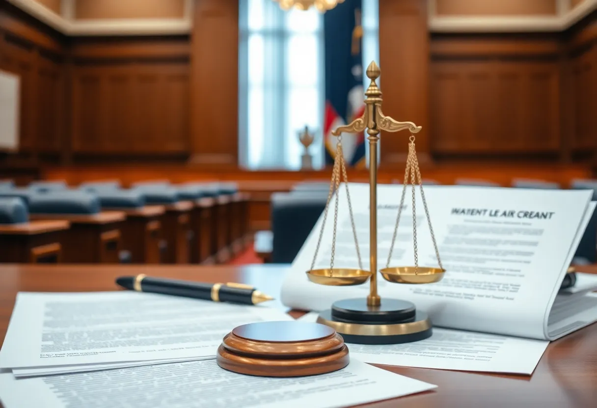 Illustration of a courtroom with scales of justice and legal documents.