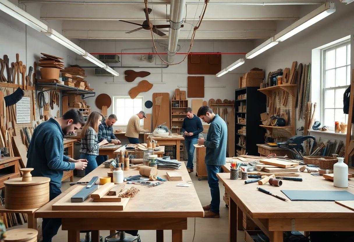 Interior view of Craftsman Ave.'s new workshop in Industry City with participants engaged in DIY projects.