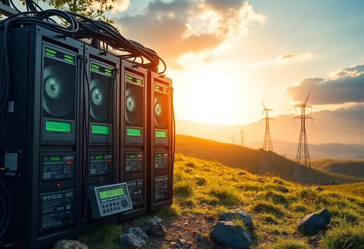 Cryptocurrency mining rigs and energy meters surrounded by natural environment
