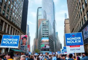 Campaign atmosphere in New York City with signs and landmarks