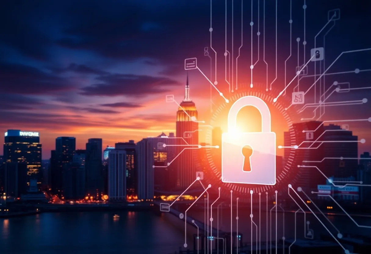 Illustration of cybersecurity measures in the financial sector with New York City skyline