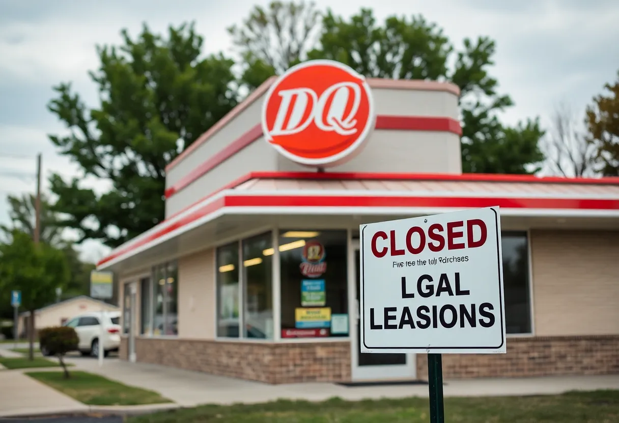 Exterior of a Dairy Queen franchise with a sign indicating closure due to legal issues.
