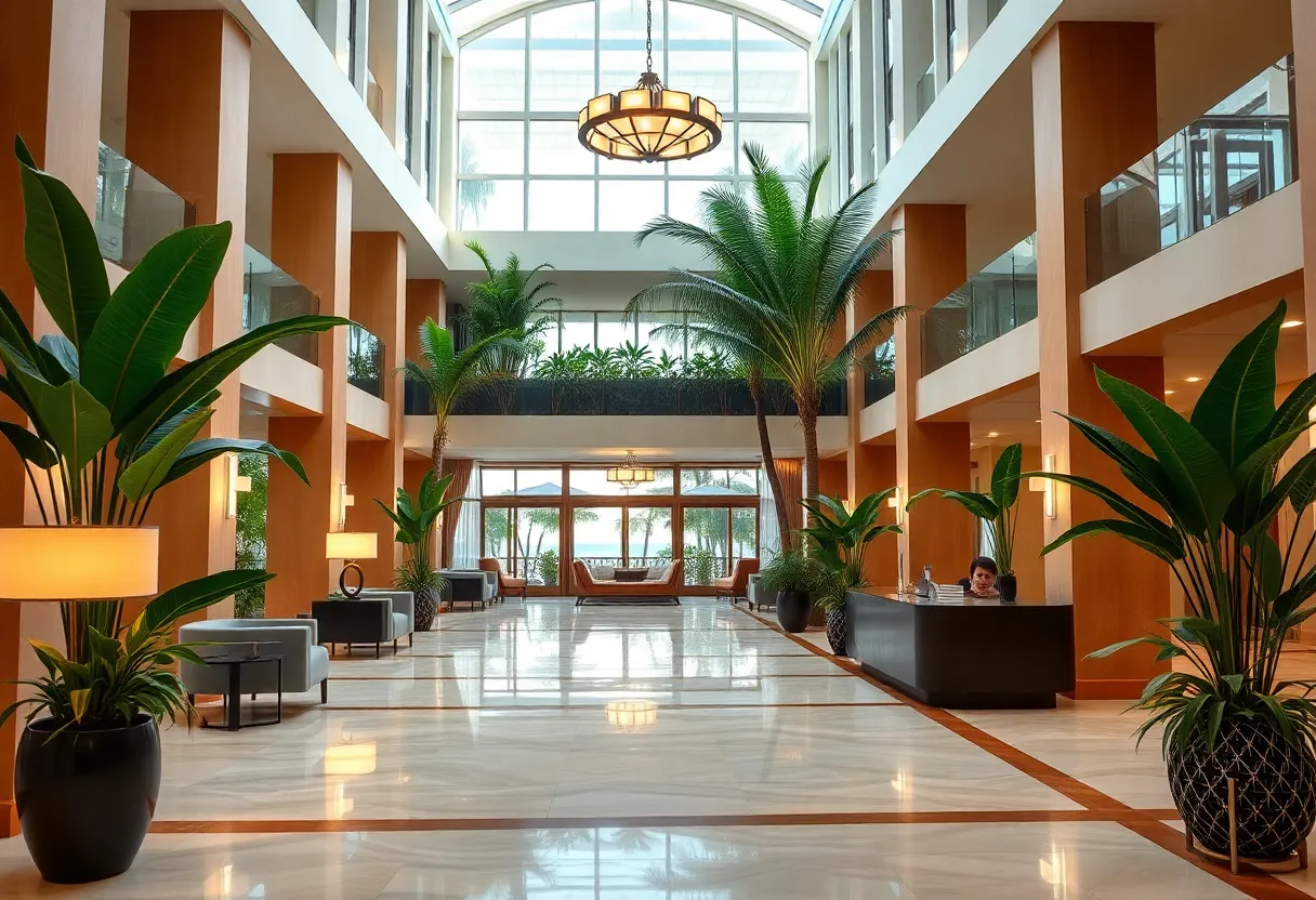 Lobby of the Delano Hotel in Miami Beach, featuring luxury design elements and tropical decor.