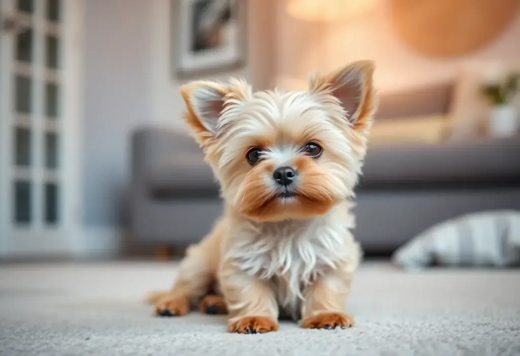 A small designer dog in a cozy home environment
