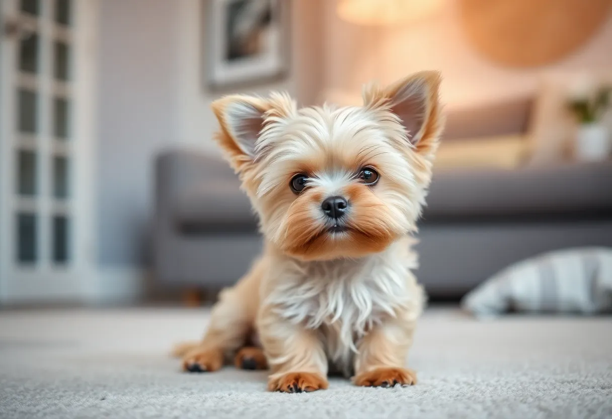 A small designer dog in a cozy home environment