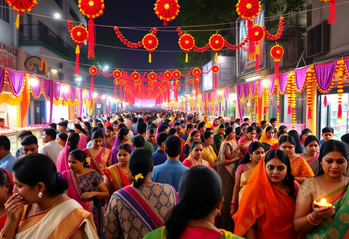 Celebration of Diwali in New York City schools with colorful decorations and traditional attire.